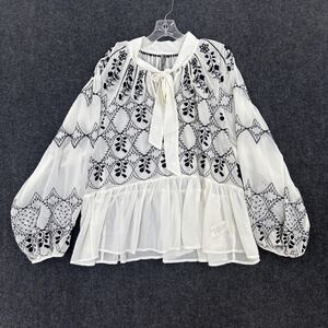 Anthropologie White Sheer Peasant Blouse with Black Embroidery